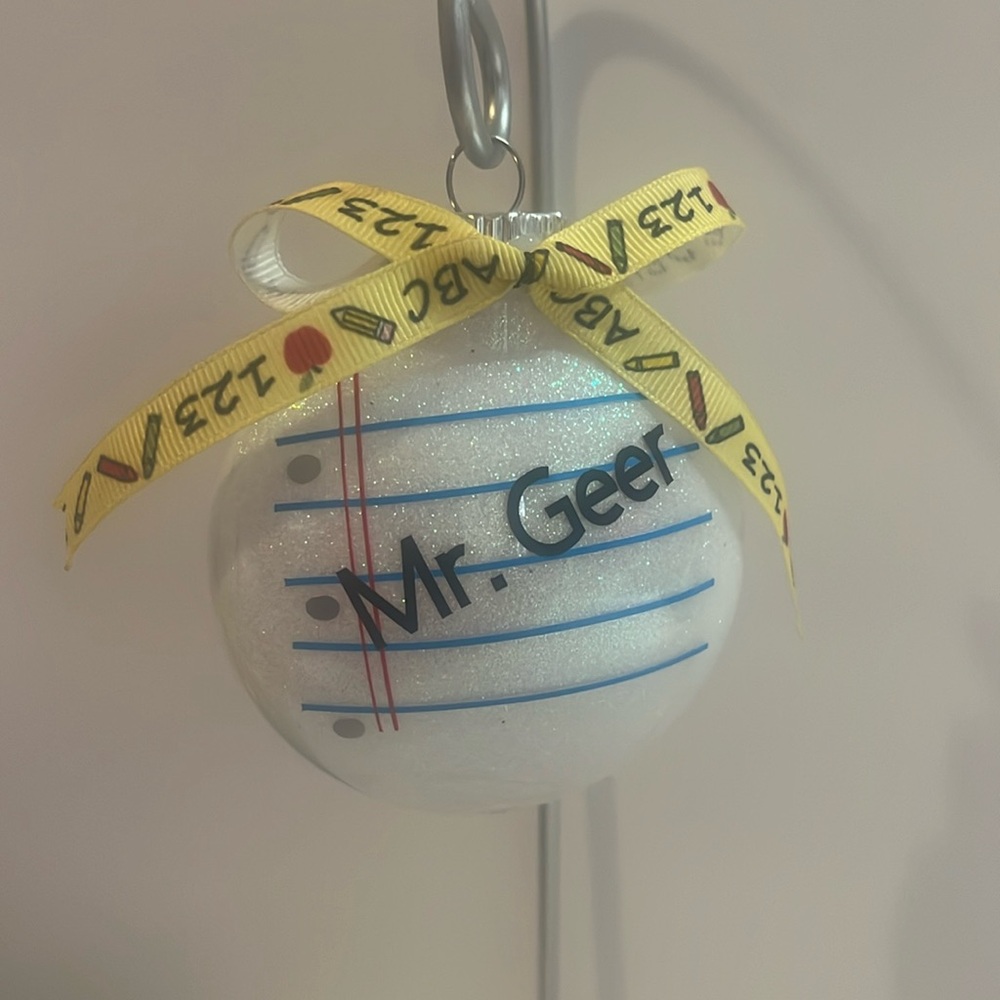 Personalized glittered Christmas teacher ornament